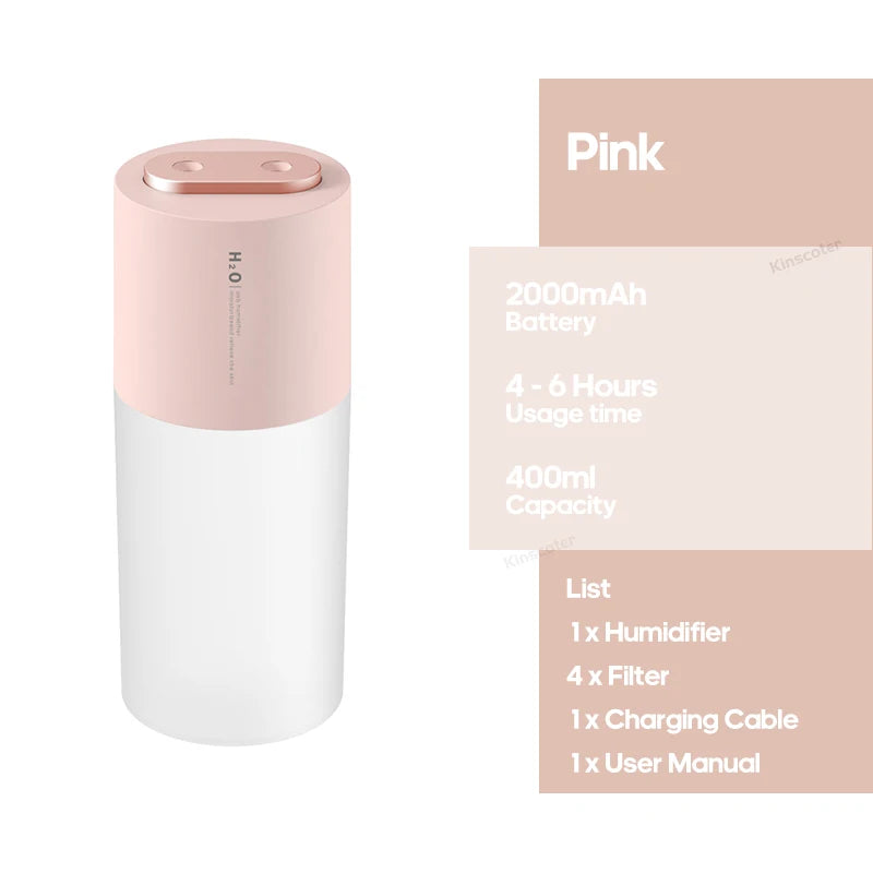 KINSCOTER Portable Double Mist Air Humidifier – 300ml Cold Mist Diffuser, 2000mAh Car Air Purifier & USB Mini Air Freshener