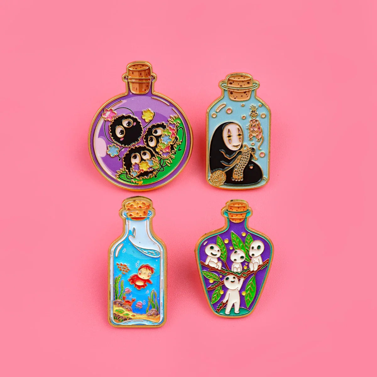4-Piece Anime Ghost Enamel Pin Set - Magic Bottle Lapel Badges for Backpacks, Clothing, and Collectible Gifts