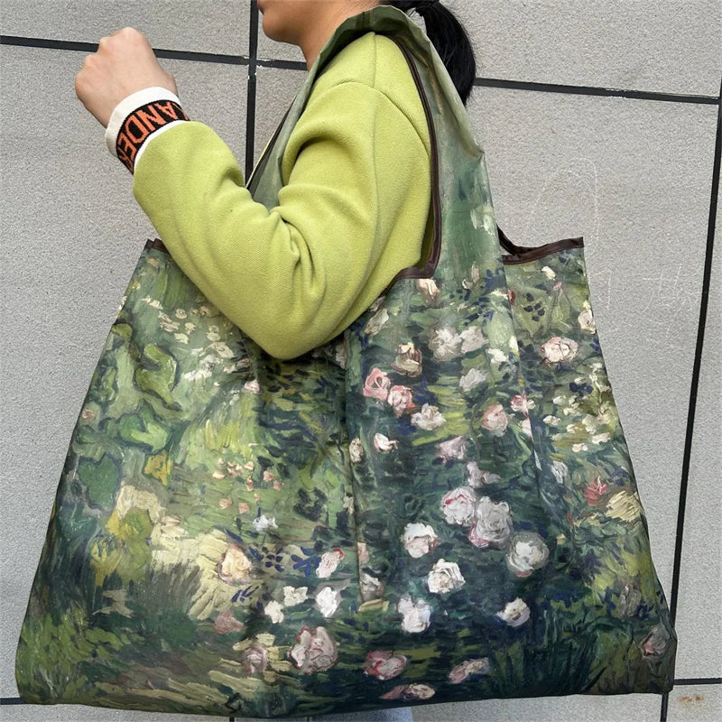 Flower Oil Painting Foldable Reusable Shopping Bag β Large Capacity Portable Shoulder Tote for Travel, Grocery & Beach Storage Handbag