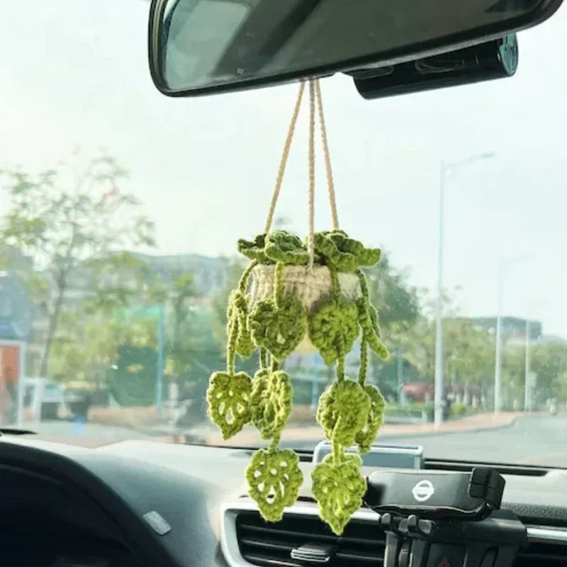 Cute Crochet Potted Plants Car Basket β Hanging Car Decor & Rear View Mirror Ornament Accessories