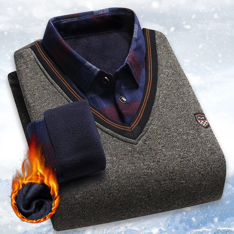Men's Vintage Plaid Knit Sweater - Warm Fleece Polo Collar Winter Pullover