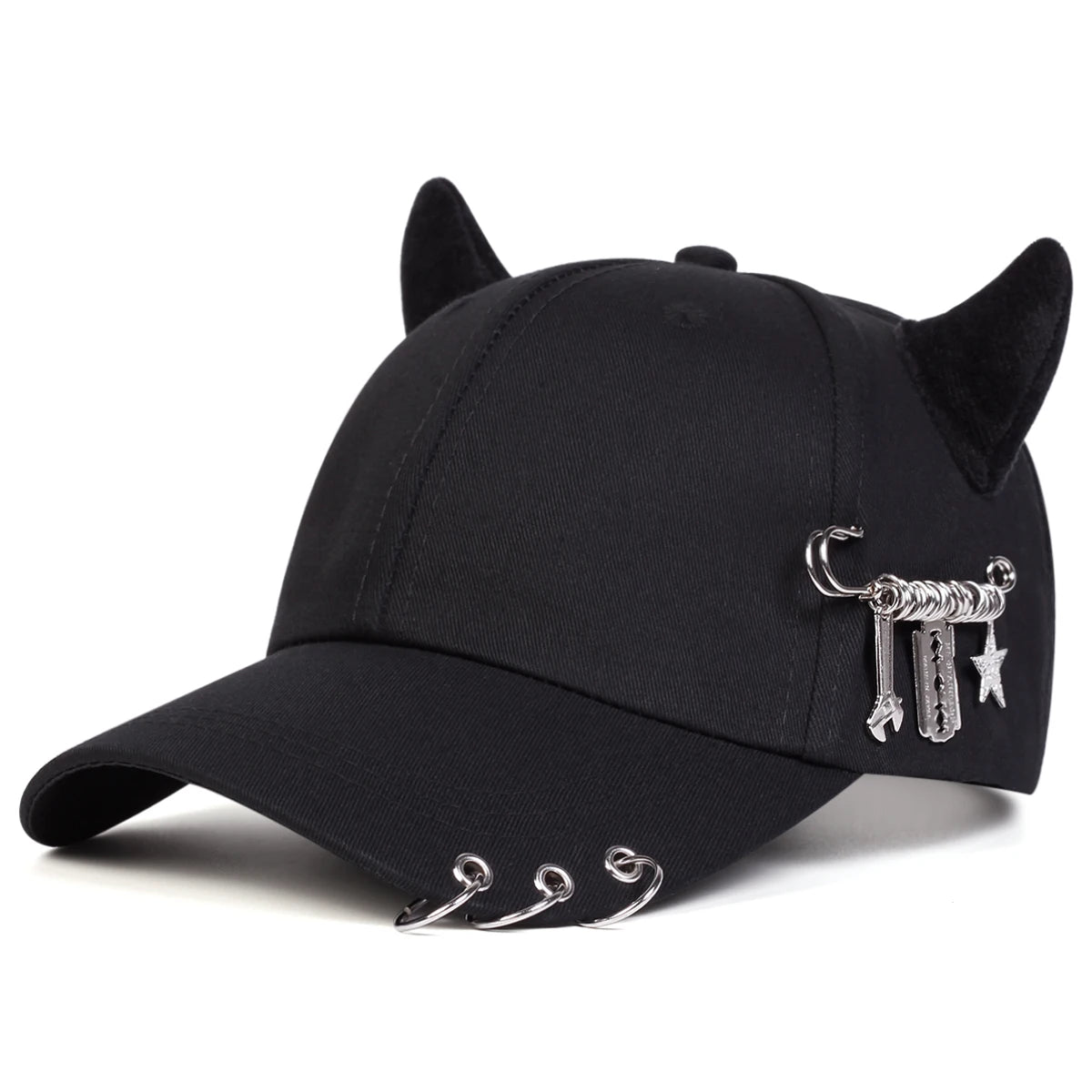 Unisex Cow Horn Baseball Cap - Personality Iron Ring Design, Adjustable Casual Outdoor Sun Hat for Spring & Autumn