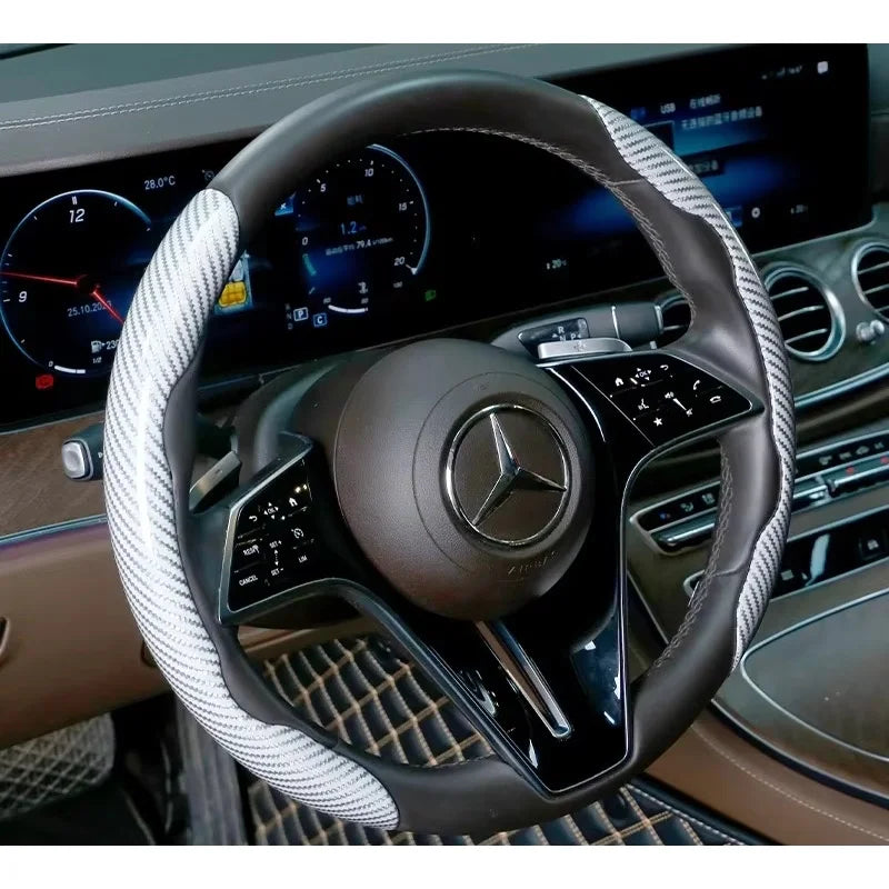 2/3PCS Universal Car Steering Wheel Cover — Laser Carbon Fiber, Silicone & 1K Microfiber Leather, Non-Slip PVC Booster