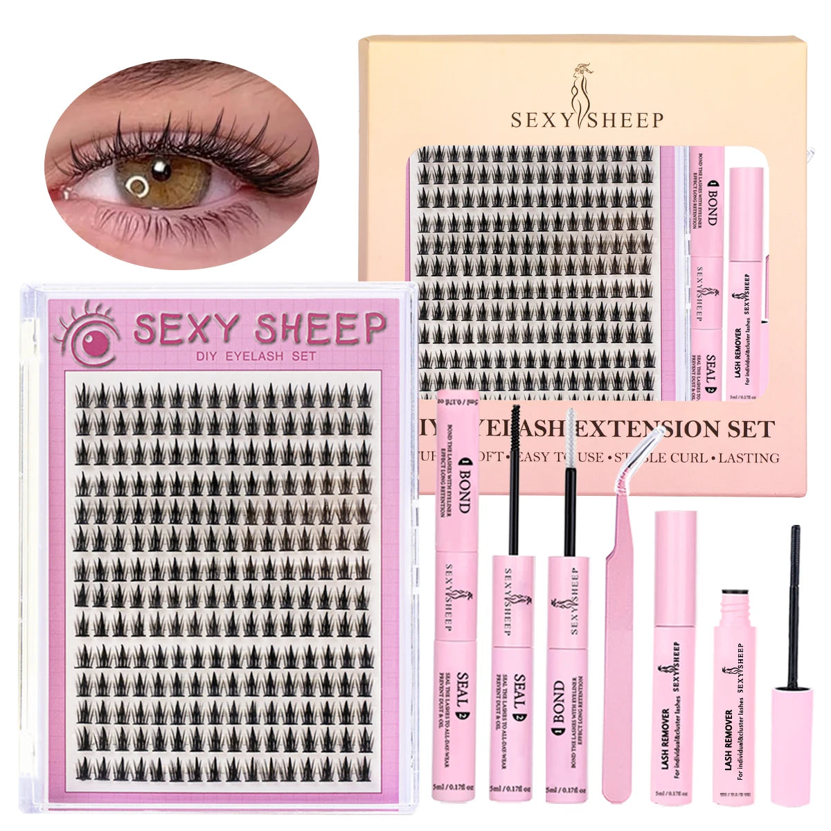 DIY Eyelash Extension Kit – D Curl Natural Lash Clusters Set with Bond, Seal, Remover & Tweezers for False Lash Application