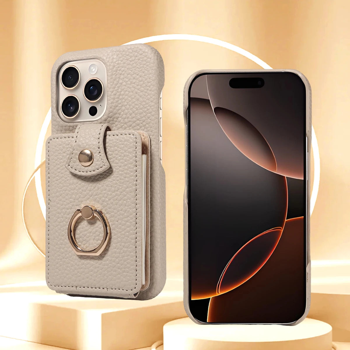 PU Leather iPhone Case with Ring & Card Slots – Anti-Fall Wallet Cover for iPhone 16 Pro Max, 15, 14, 13, 12, 11, 7, 8 Plus & 16e