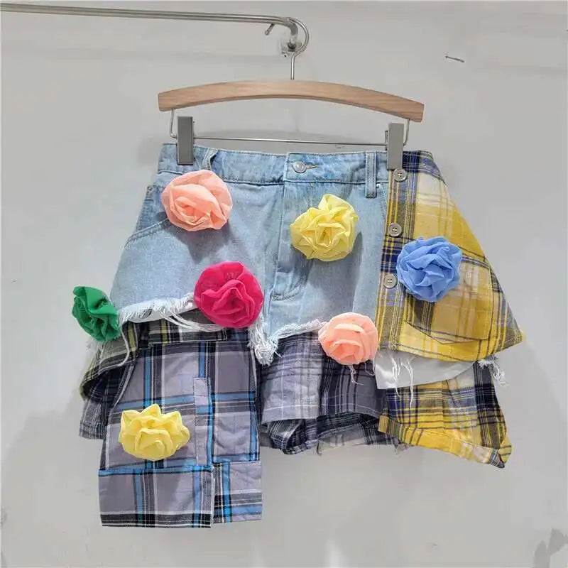 DEAT Women’s Denim Mini Skirt — Colored Plaid Patchwork Irregular A-Line, High Waist Summer 2025 Fashion Skirt