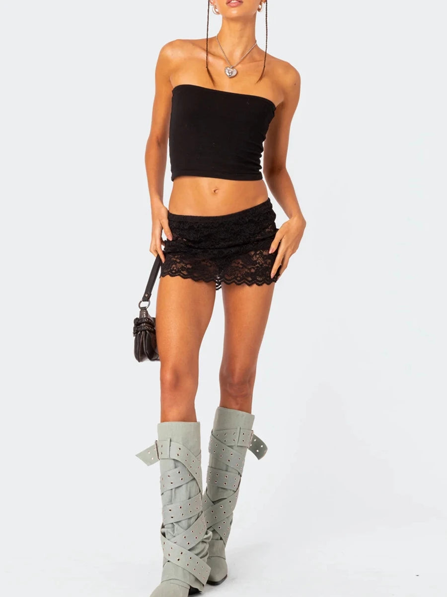 Women's Mini Lace Skirt – Casual Low Waist, See-Through Short Skirt for Streetwear and Parties, Y2K Style