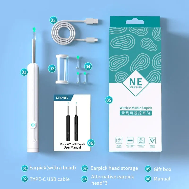 Smart Visual Ear Cleaner 1296P with Camera β USB-C Rechargeable Ear Wax Removal Tool, WiFi, 6 LED Lights