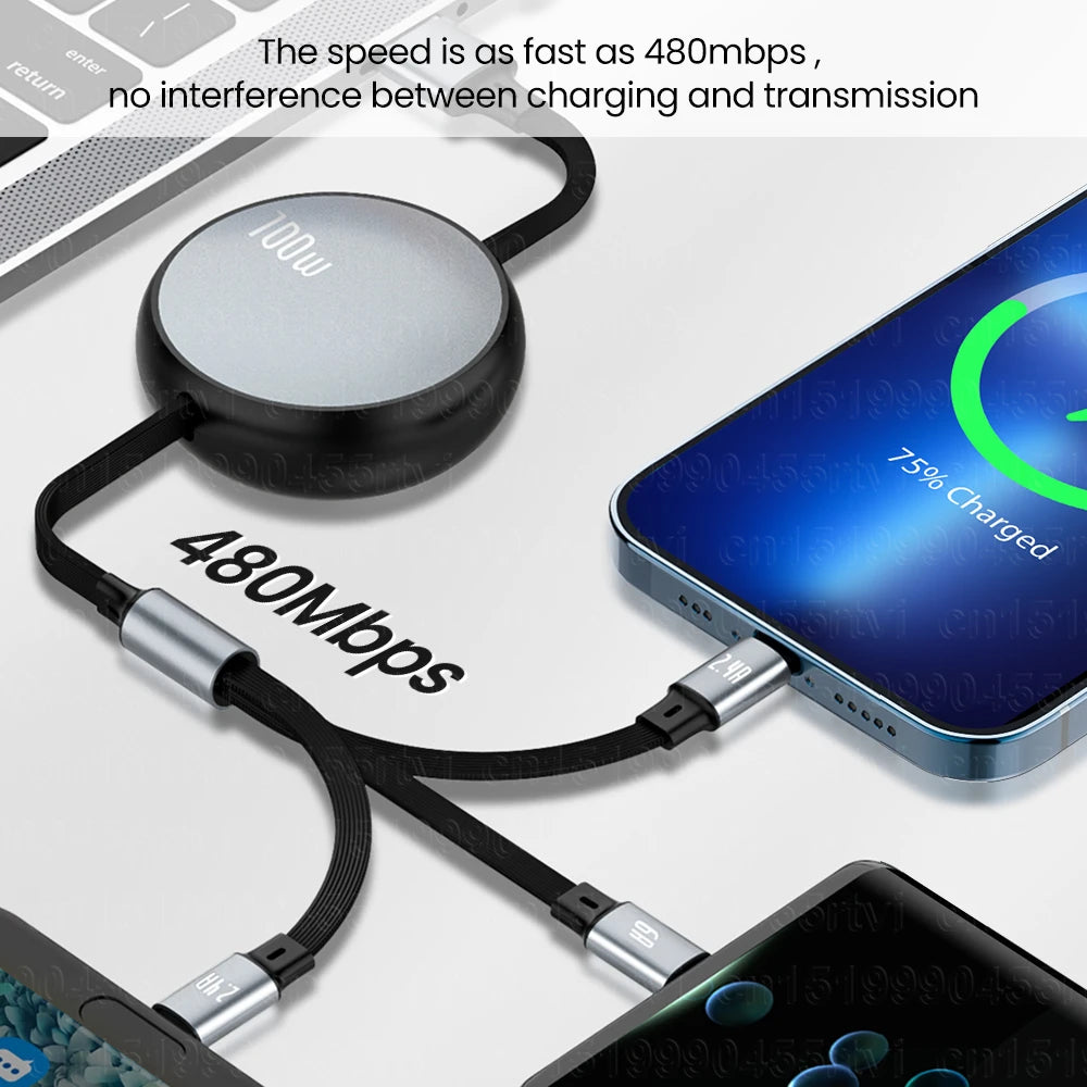 3-in-1 Retractable USB Cable: Fast Charge & Data Transfer for iPhone 14/13/12 Pro Max, Huawei - Supports 8-pin, Type C, Micro Connections