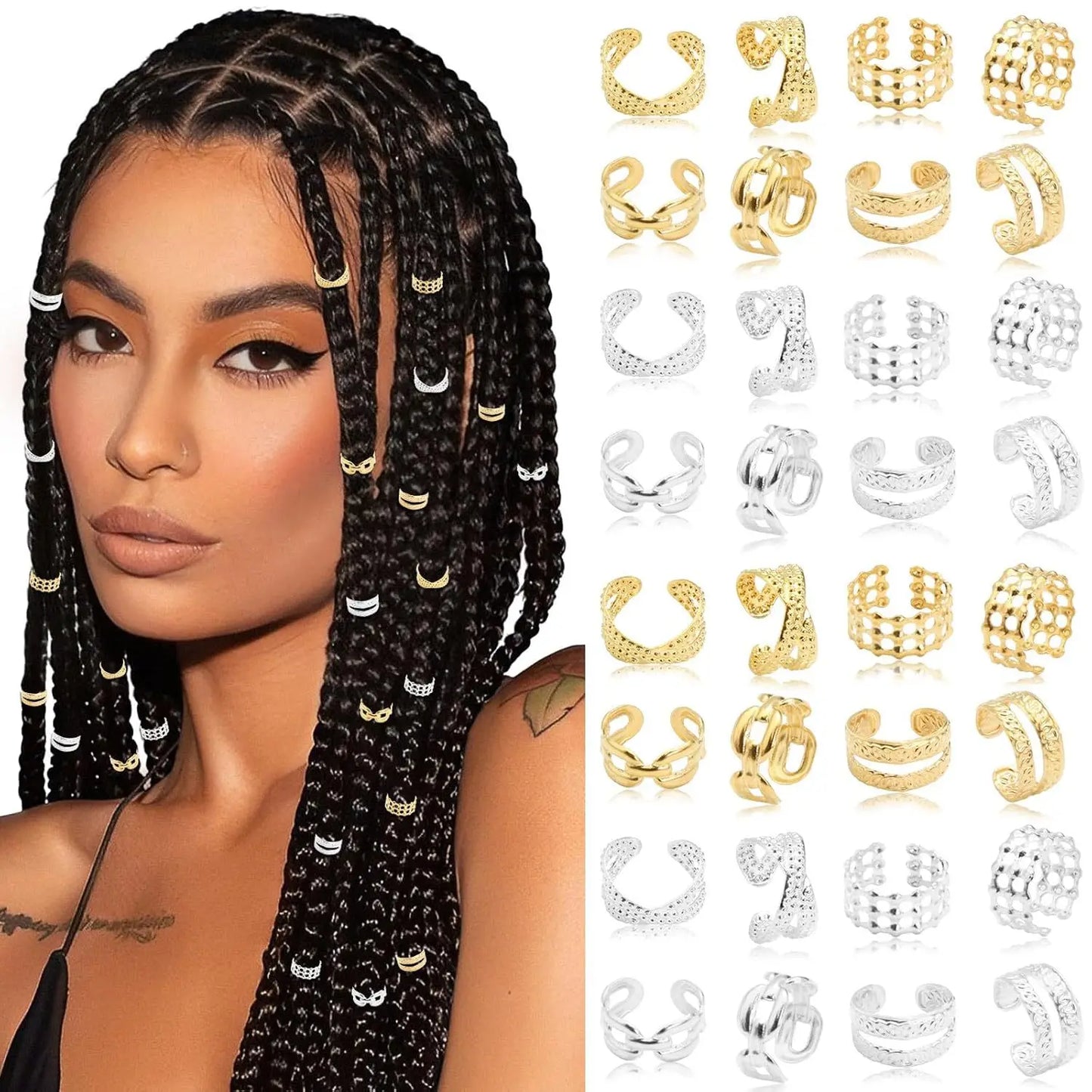 32-60PCS Human Hair Braiding Rings Kit — Gold, Silver & Wood Dreadlock Accessories Set for Men & Women Hair Styling