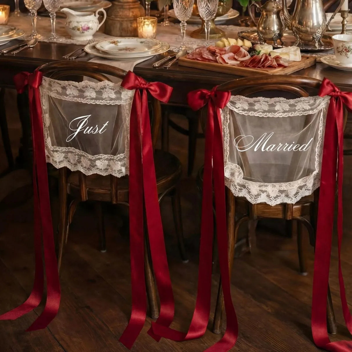 Personalized Just Married Chair Signs - Lace Wedding Chair Banners for Bride & Groom
