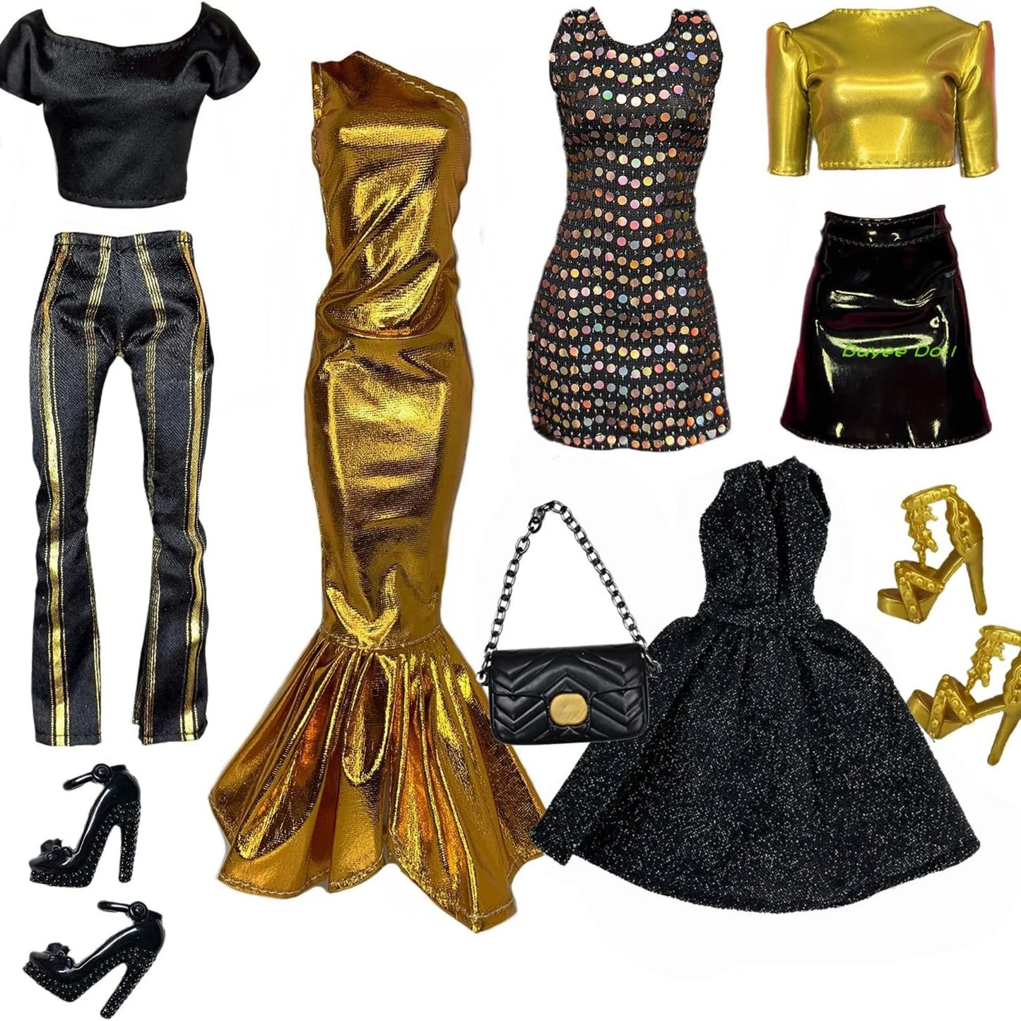 Black & Gold 30cm Doll Clothes Set – Dress & Shoes for 1/6 Barbie Dolls, Christmas Gift for Girls