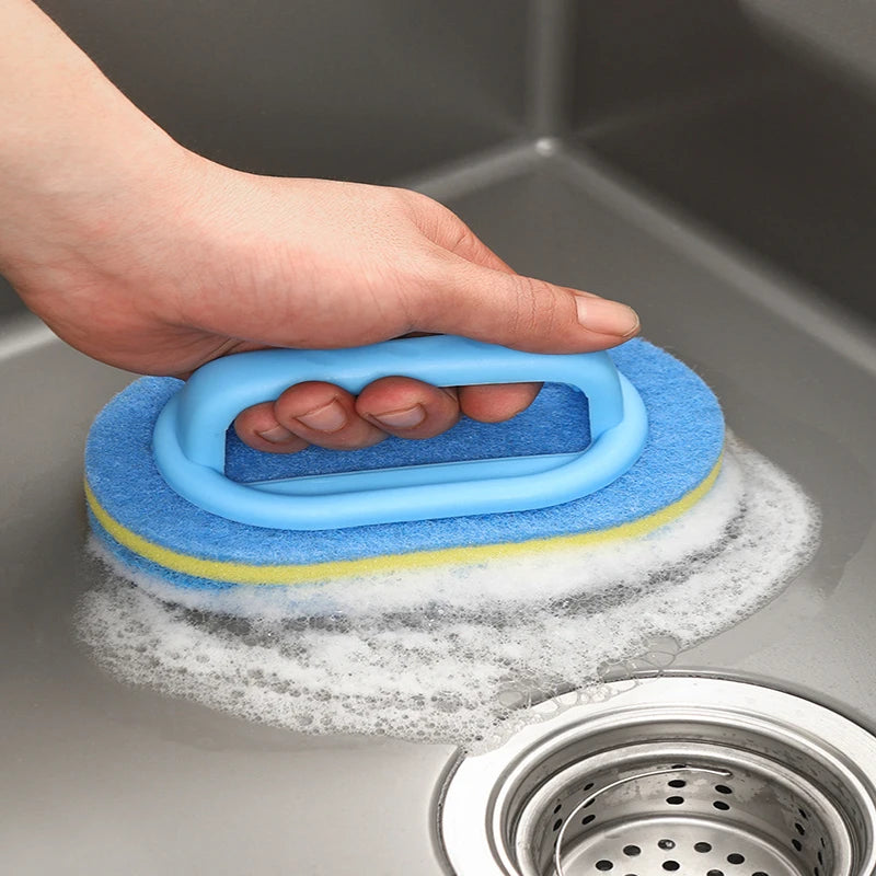 Kitchen and Bathroom Cleaning Brush with Handle – Thick Sponge Scrubber for Tile, Household Stains, and Surface Cleaning