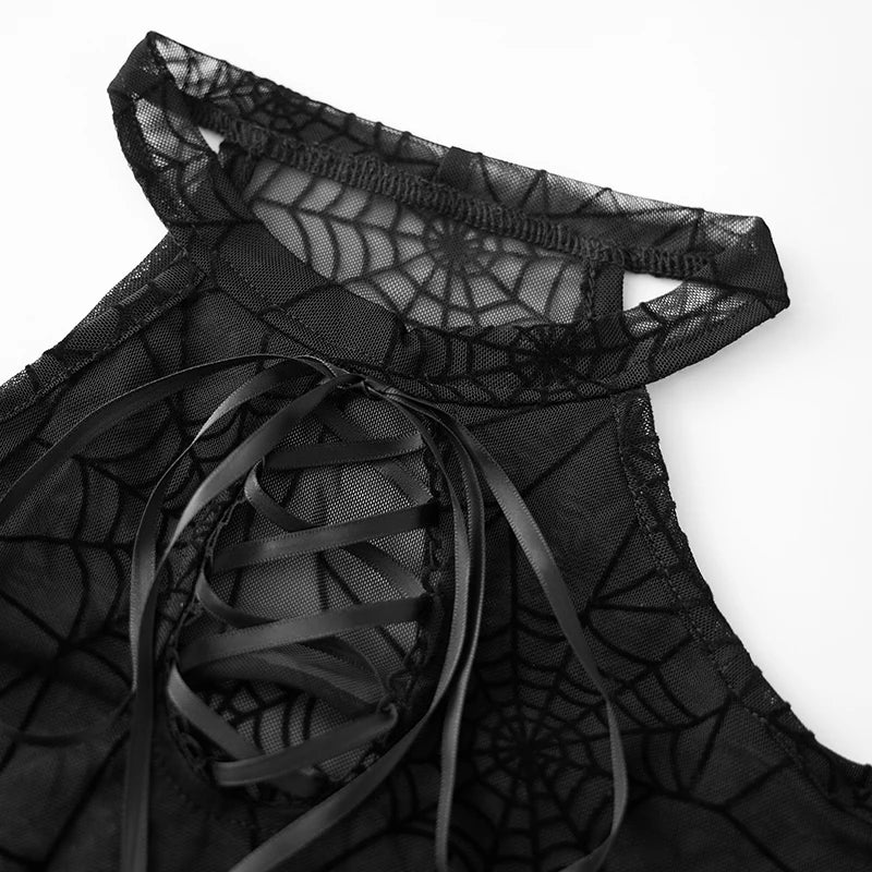Halloween Women's Bodysuit β Long Sleeve Cold Shoulder Spider Web Romper, Sheer Clubwear Top