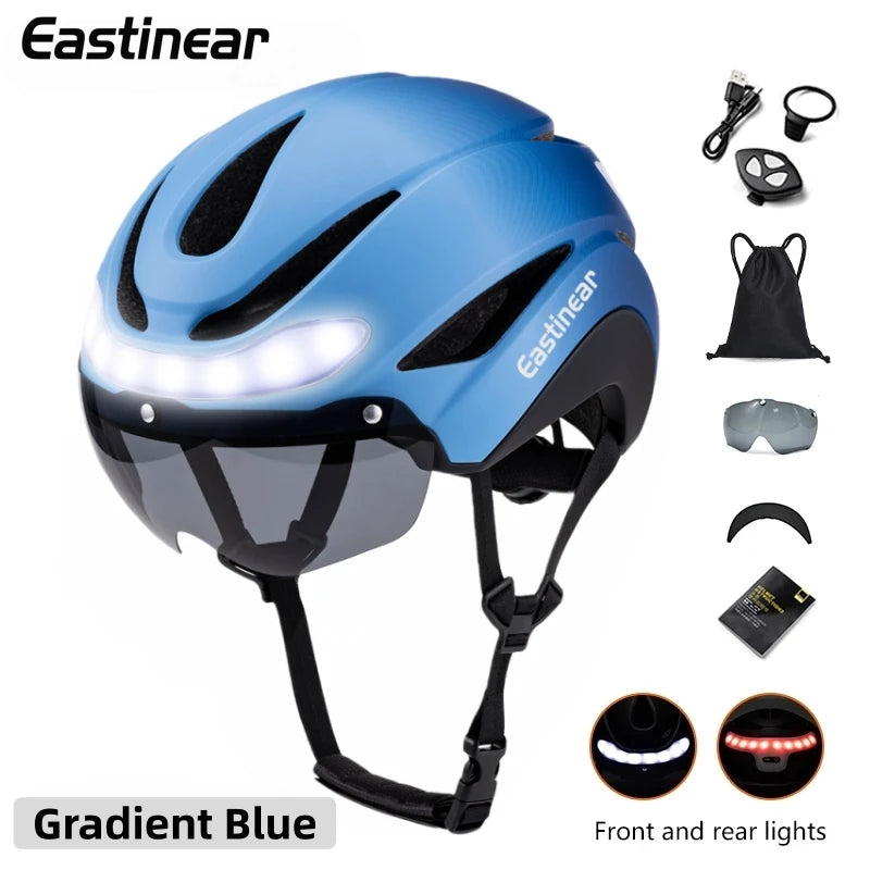 Eastinear Ultralight Road Bike Helmet with LED Lights – Magnetic Goggles & Sun Visor Cycling Racing Helmet for Adults (400g)