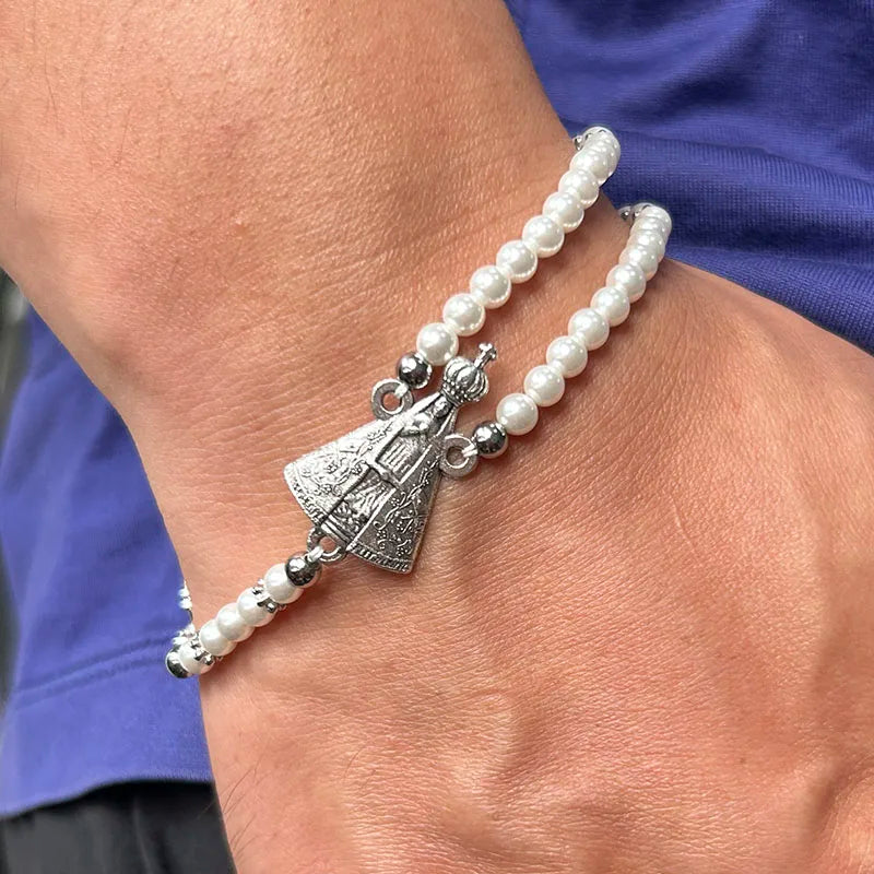 Vintage Virgin Mary Rosary Bracelet – Imitation Pearl Beaded Magnetic Our Lady of Aparecida Cross Prayer Jewelry Gift for Women & Faith Wear