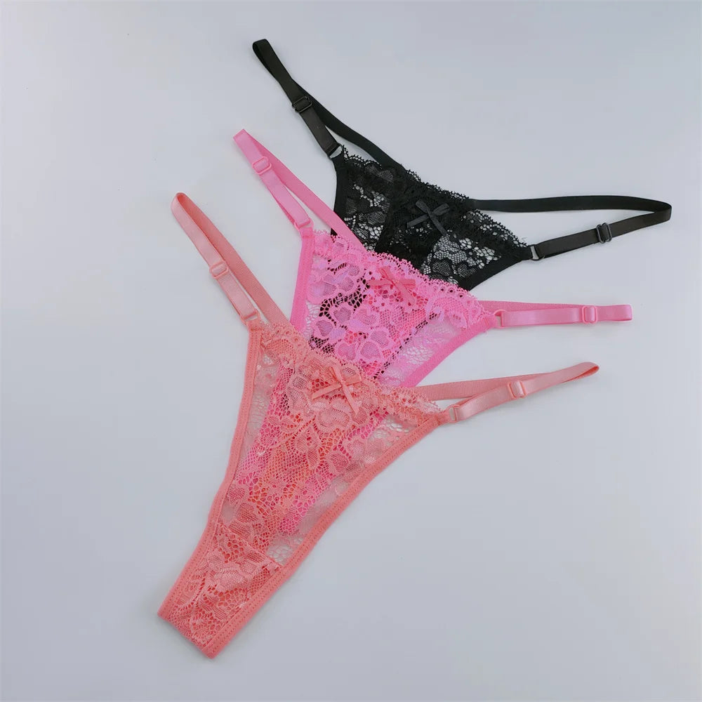 Women's Lace Thong Set - 3-Piece Low Waist Breathable Sheer G-String Lingerie