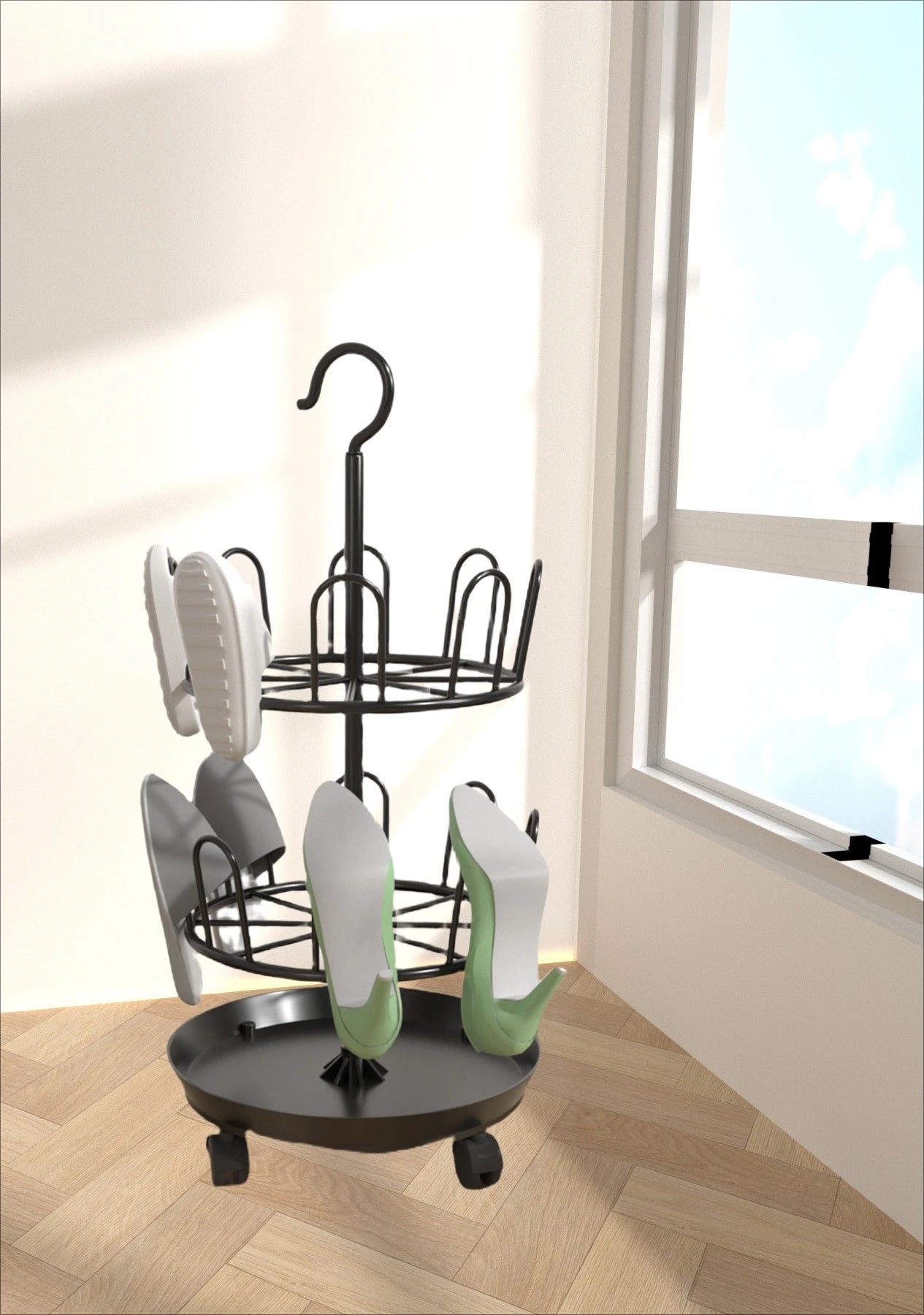 Drying Shoe Rack with Drain Plate – Floor-to-Ceiling Rotating Shoe & Slipper Hanger, Balcony Storage Shelf Organizer