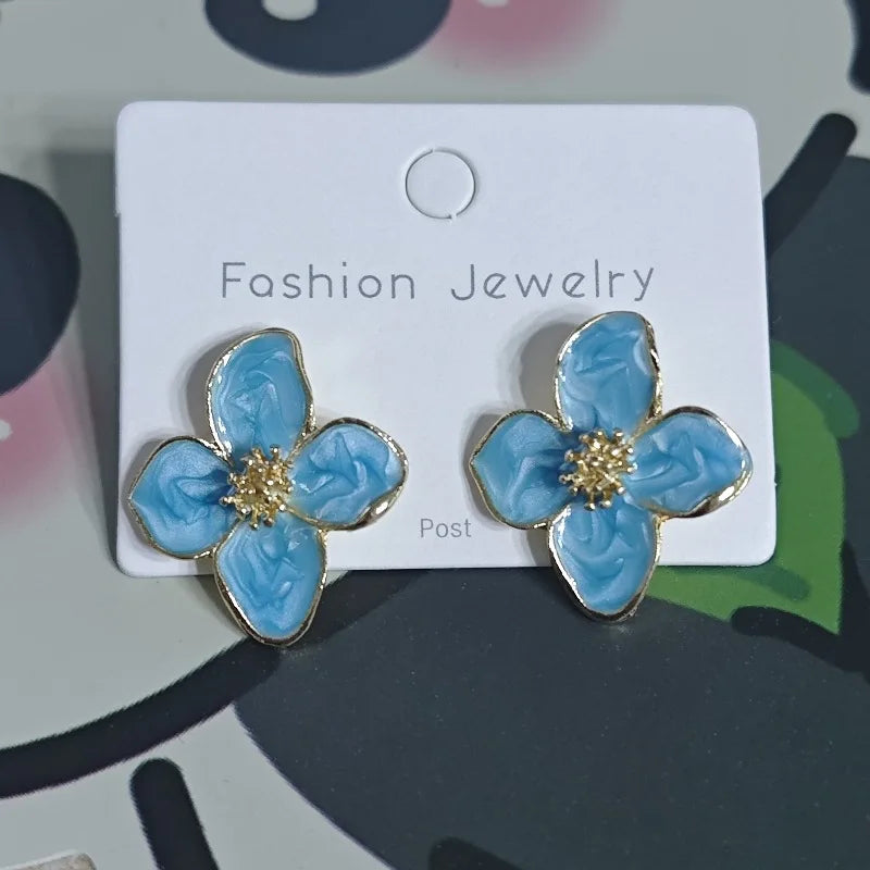 Hibiscus Flower Dropped Glaze Stud Earrings — French Vintage 2024 Fashion Jewelry for Women & Girls, Romantic Wedding Gift