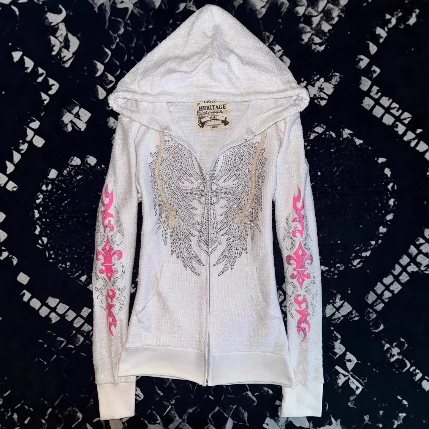 Women’s Y2K Rhinestone Hooded Jacket - Vintage Angel Wing Cross Crystal Streetwear