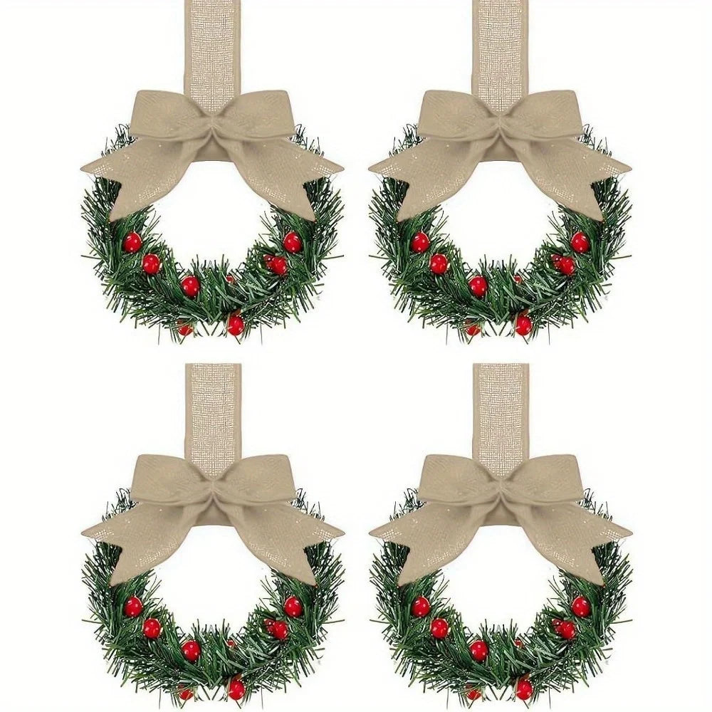 Set of 4 Mini Christmas Wreaths with Ribbon Bows & Red Berry Accents – Festive Window & Home Party Decorations
