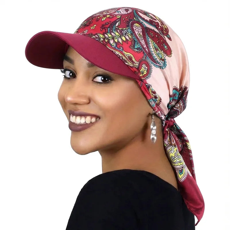 Women’s Printed Satin Sun Hat - Soft Breathable Headscarf Cap with Brim for Summer Fashion & Outdoor Wear