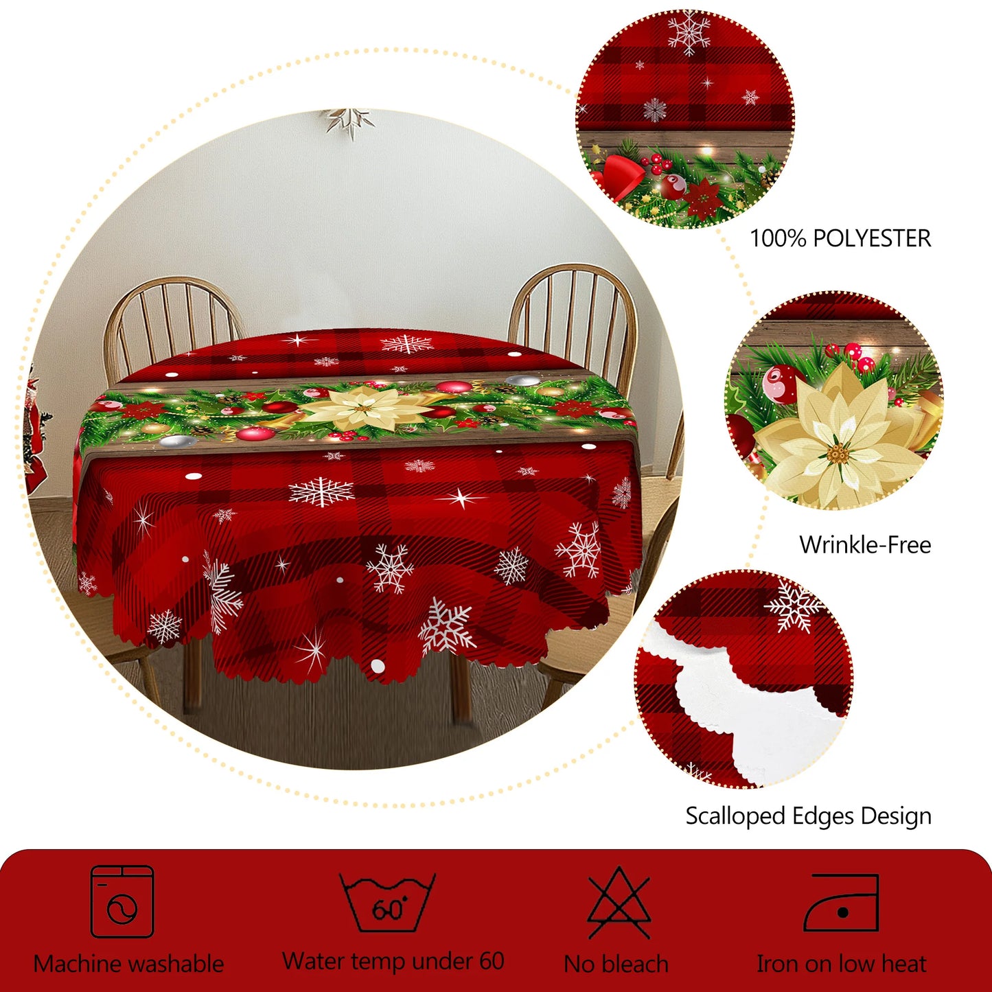 Christmas Printed Tablecloth - Holly Berry, Bow & Snowflake Holiday Dining Cover for Kitchen, Home & Terrace Decor