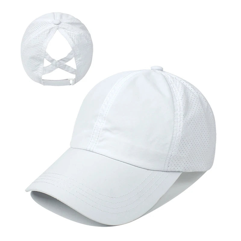 Summer Solid Color Baseball Cap β Quick-Drying Mesh Golf & Sports Hat for Women, Cross Ponytail Design, Men's Peaked Cap