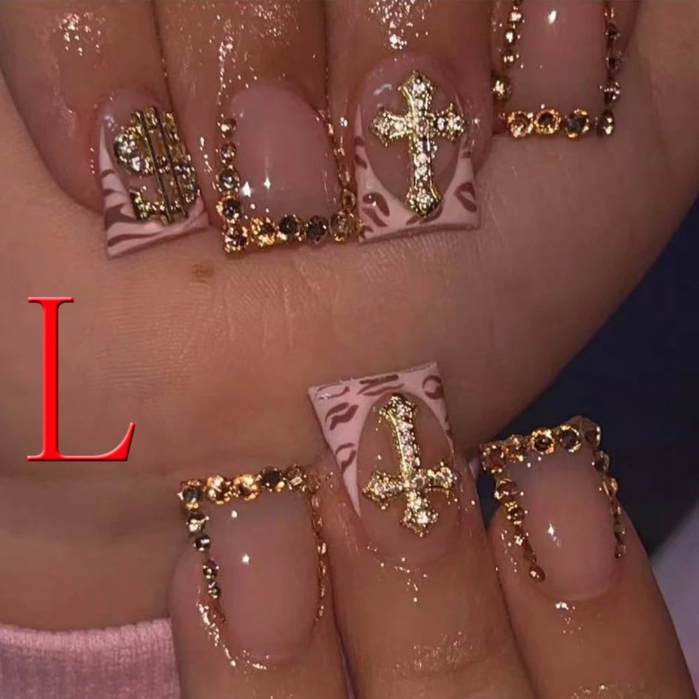 10PCS French Tip Press-On Nails - Short Square Nude Gold Glitter Leopard Nail Set