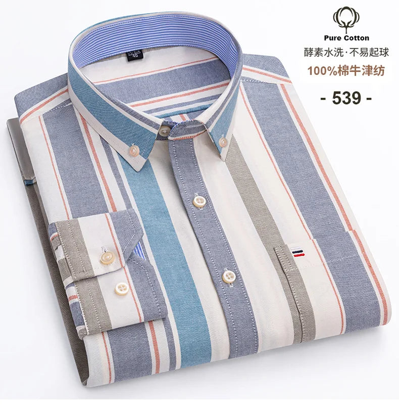 Men’s Cotton Oxford Shirt - Smart Casual Long Sleeve Plaid Print Dress Shirt, Regular Fit up to 6XL