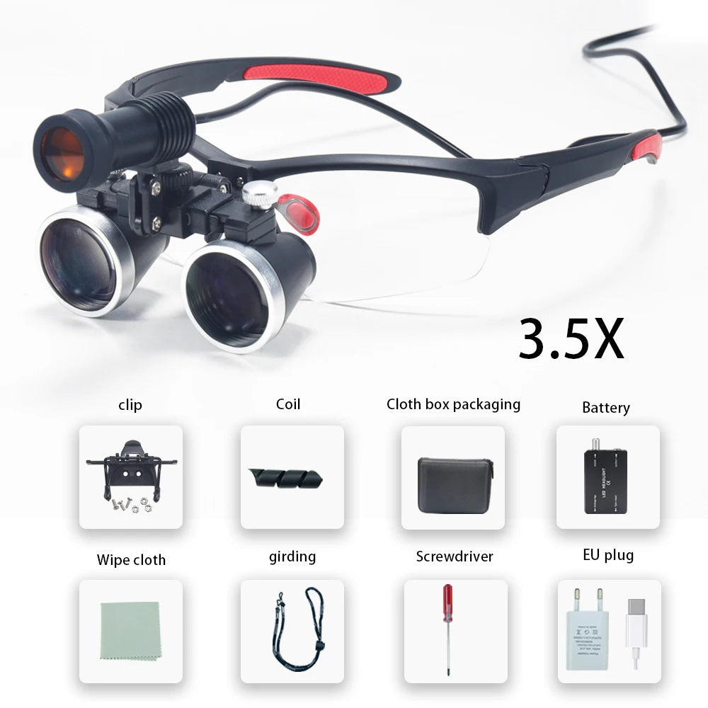 Dental Loupes 2.5X/3.5X Magnification – Binocular Magnifier with 5W Headlight & Cloth Packaging for Medical & Lab Use