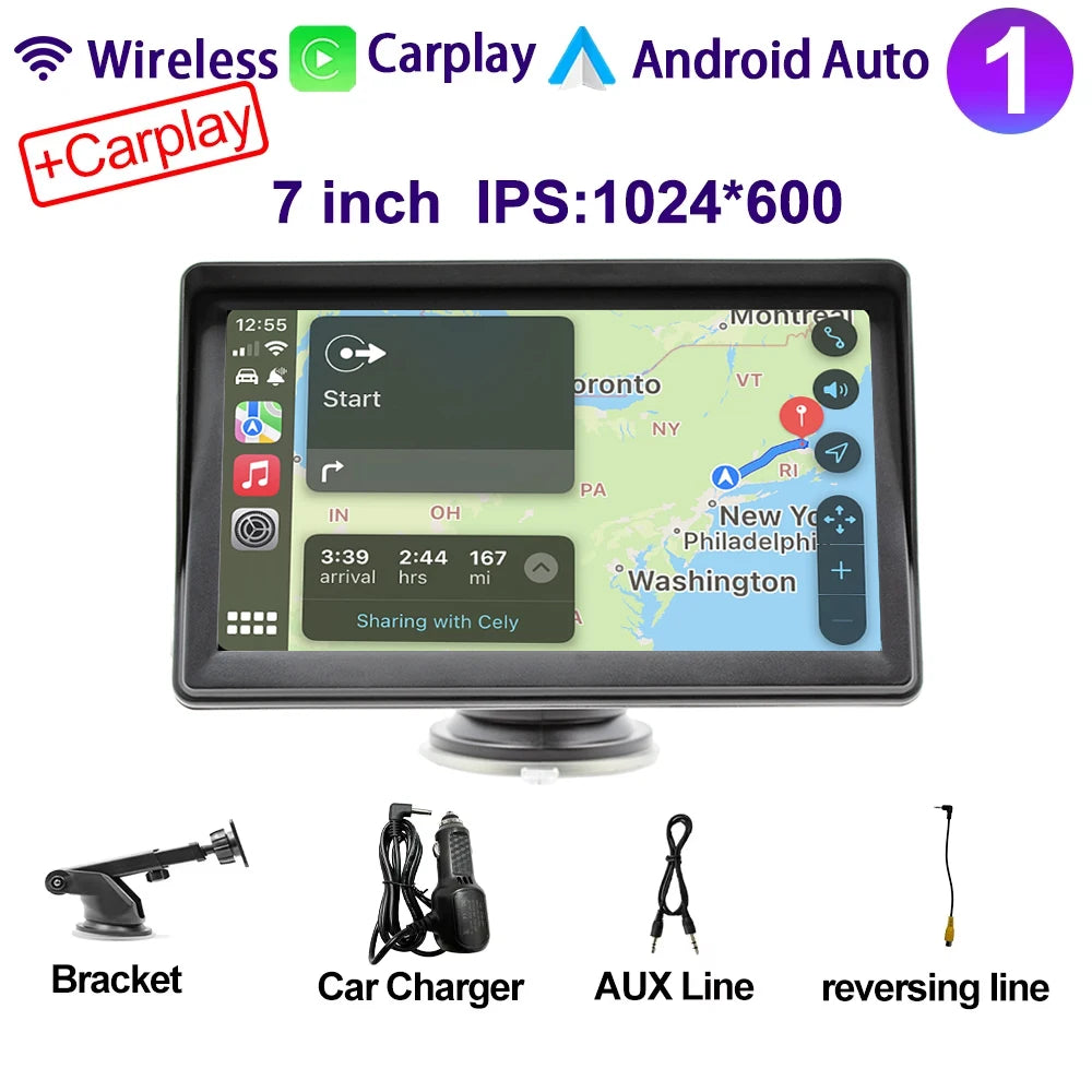 7 Inch IPS Portable Car Radio – WIFI Wireless CarPlay & Android Auto, Multimedia Video Player with Reversing Camera for Apple/Android