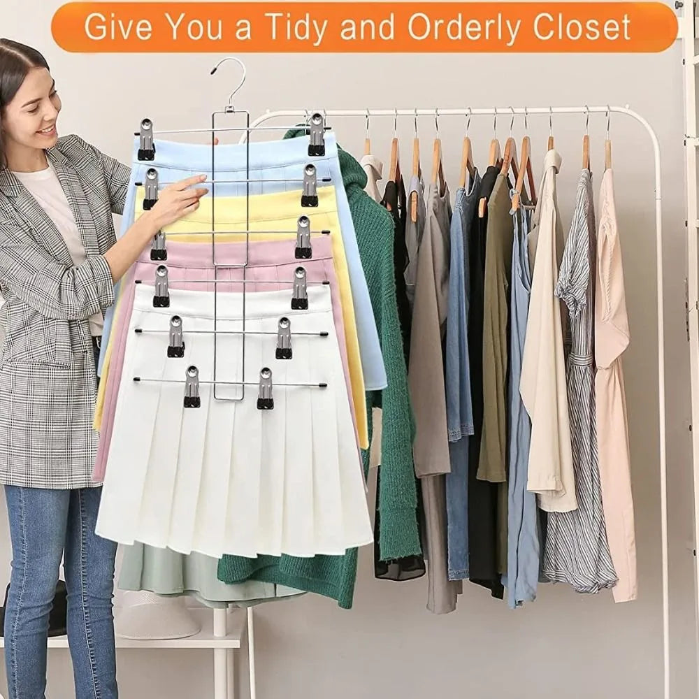 6-Layer Metal Clothes Hanger – Non-Slip Skirt & Trouser Rack with Clips for Clothing Storage