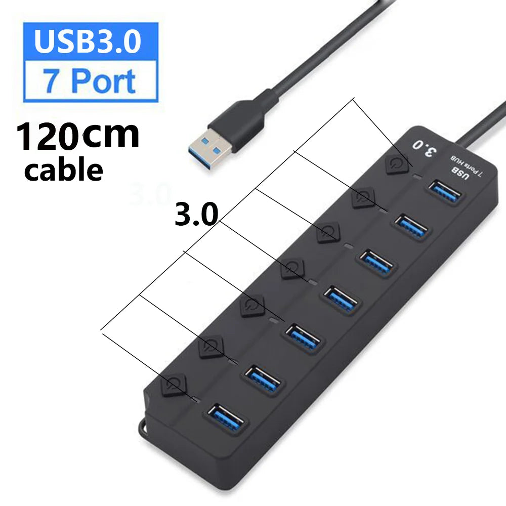USB 3.0 Hub β 7-Port High-Speed Splitter with Power Adapter, Switch & Long Cable Expander