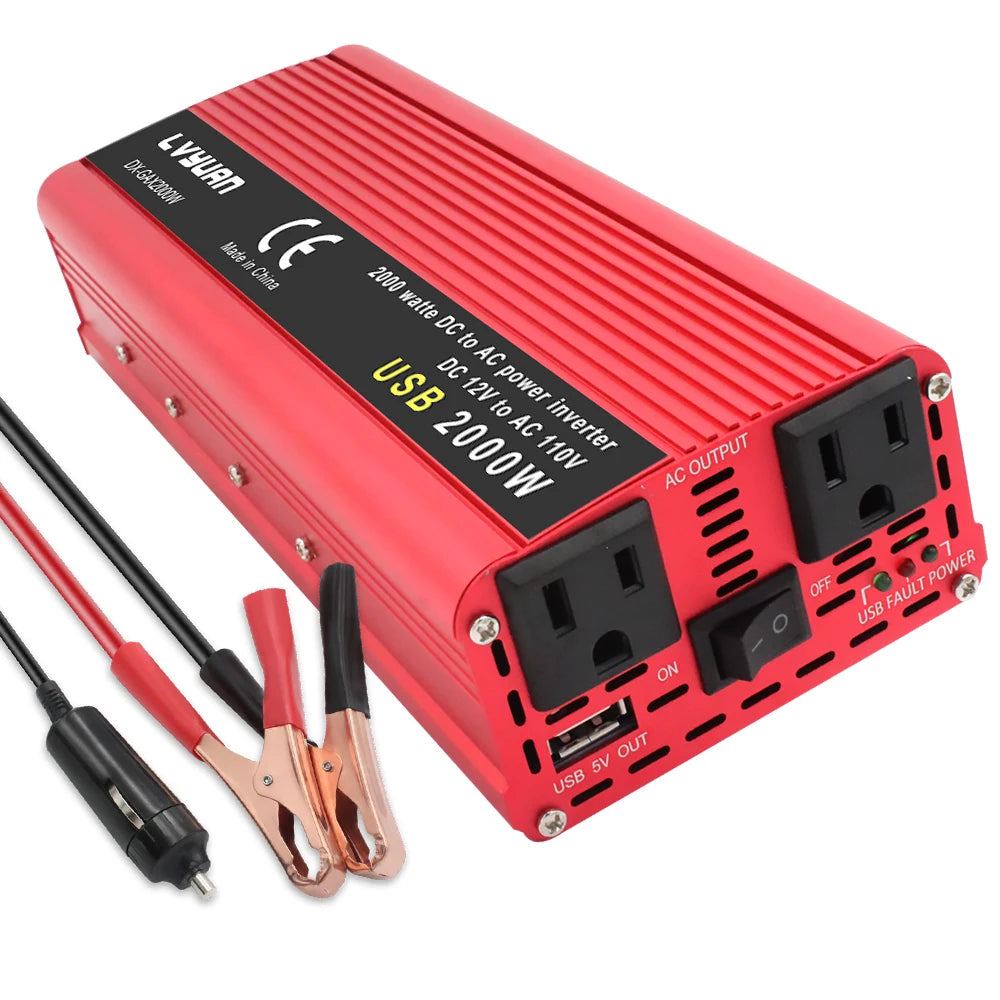 1500W-2600W Car Power Inverter β Portable DC12V to AC110V Charger for Phone, Laptop, Camera with US Socket