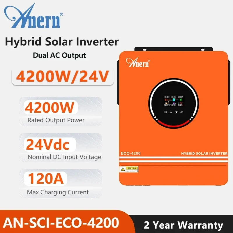 Solar Off-Grid Hybrid Inverter 3600W/4200W/6200W - MPPT Controller 24V/48V/220V, 120A, for Hybrid Solar Systems