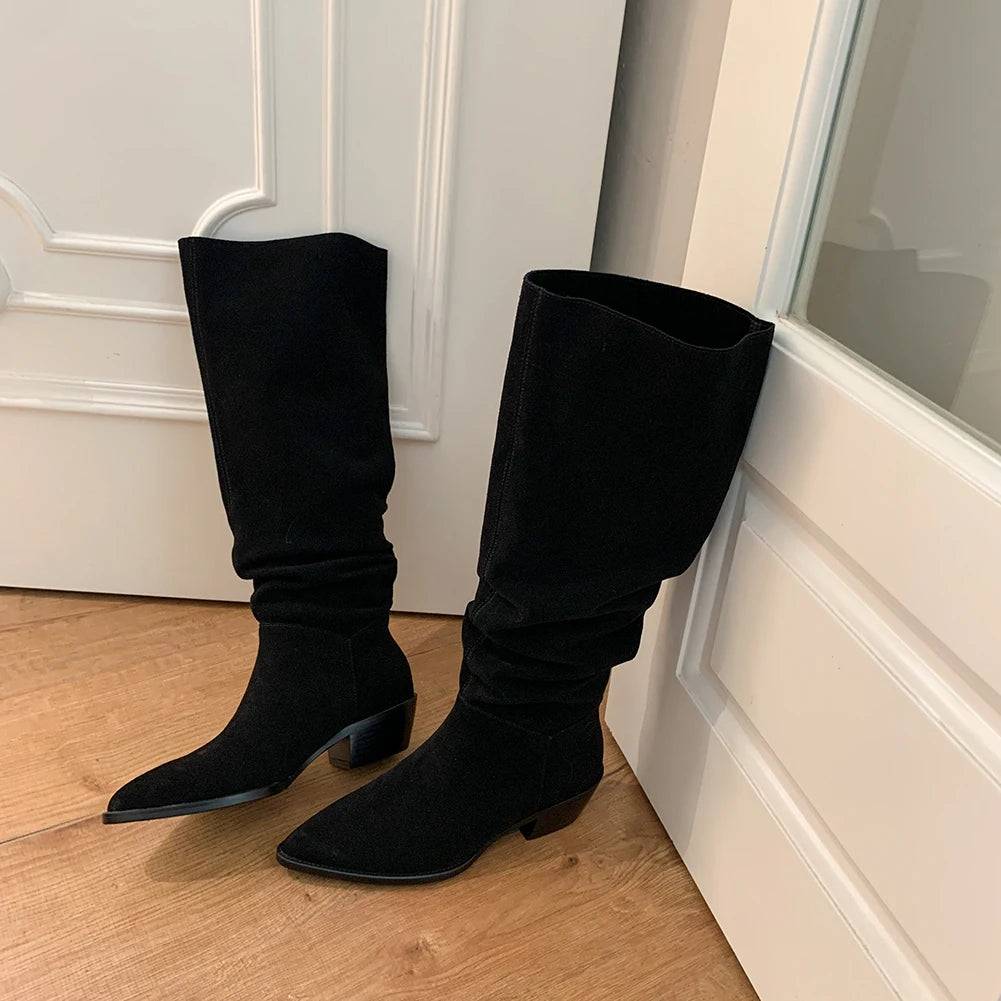2025 Women's Knee-High Suede Boots – Retro Pointed Toe, Square Heel Slip-On