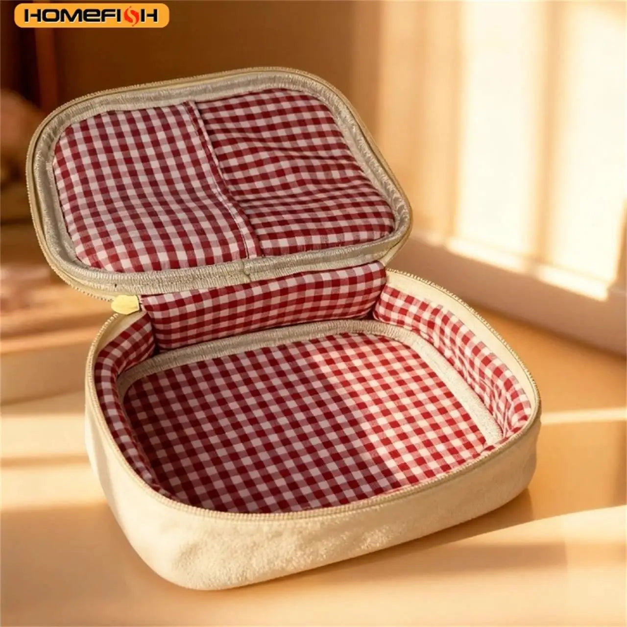 HOMEFISH Strawberry Plush Makeup Bag - Cute Embroidered Multi-Function Cosmetic Storage Pouch for Women