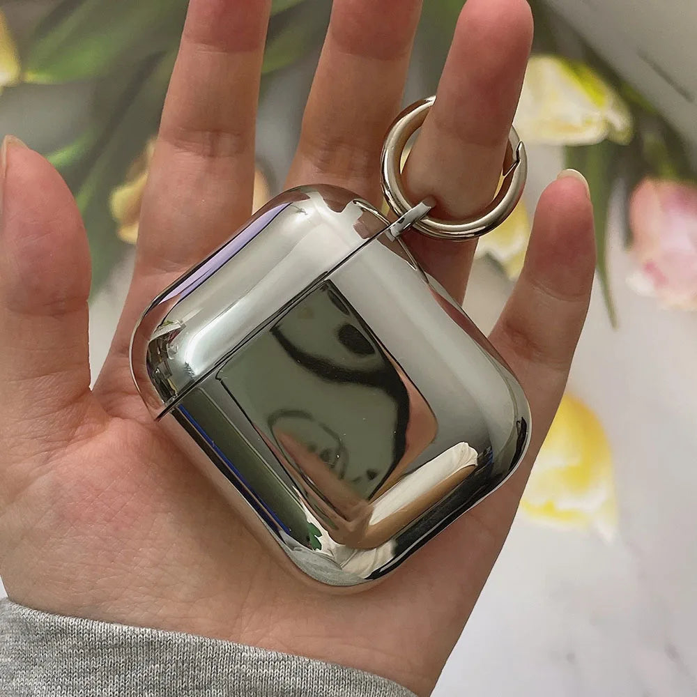 Electroplated Silver AirPods Case - Soft TPU Mirror Finish Cover with Heart Keychain for AirPods 1/2/3/4/5 & Pro 2