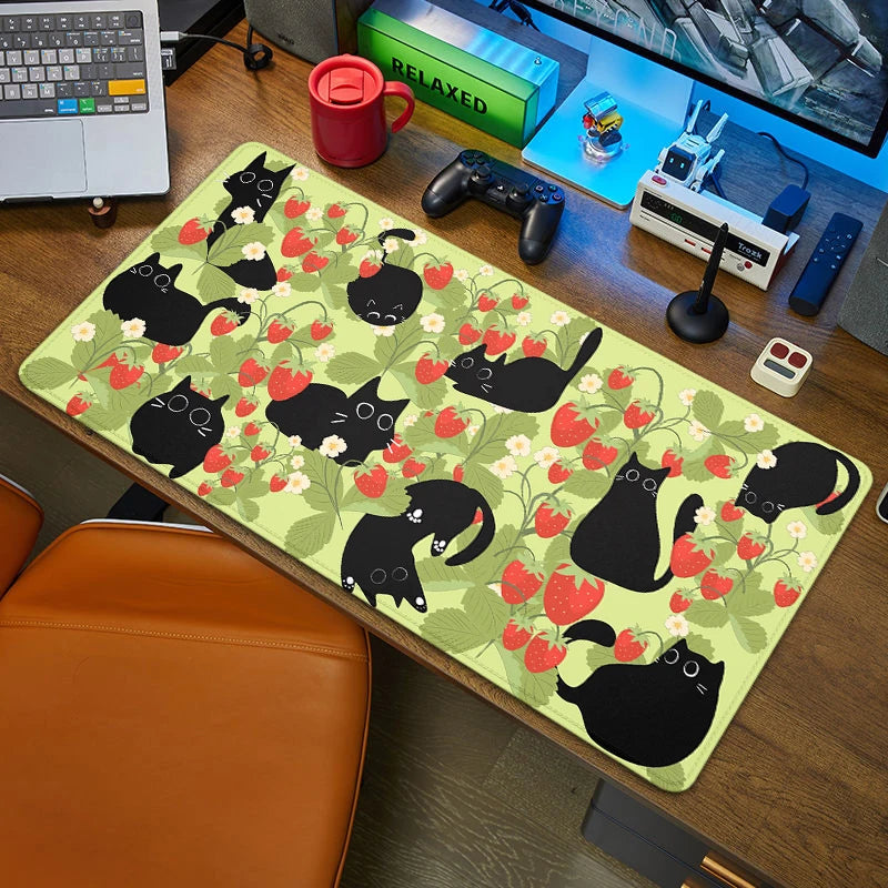Black Cat Large Mouse Pad 90x40 — Kawaii Black & White Desk Mat for Computer & Office