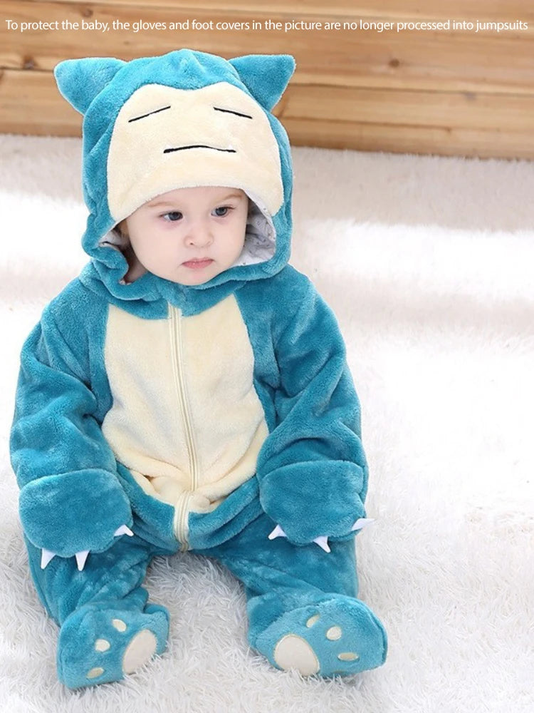 Baby Cosplay Bodysuit – Snorlax & Dinosaur Flannel Jumpsuit for Newborns 0-3 Years, Halloween Costume
