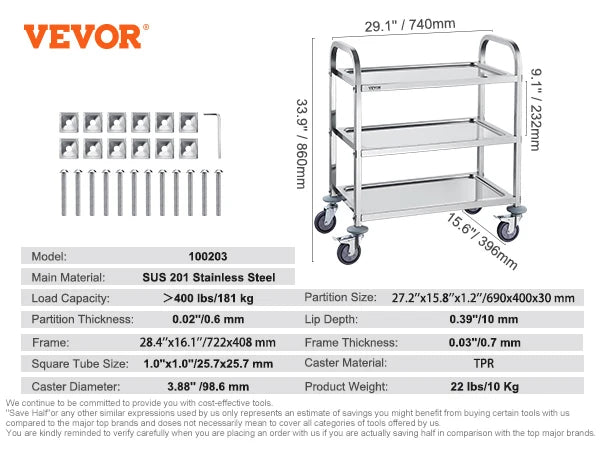 VEVOR Stainless Steel Lab Utility Cart β 1/2/3 Tier Medical & Kitchen Cart with Lockable Wheels
