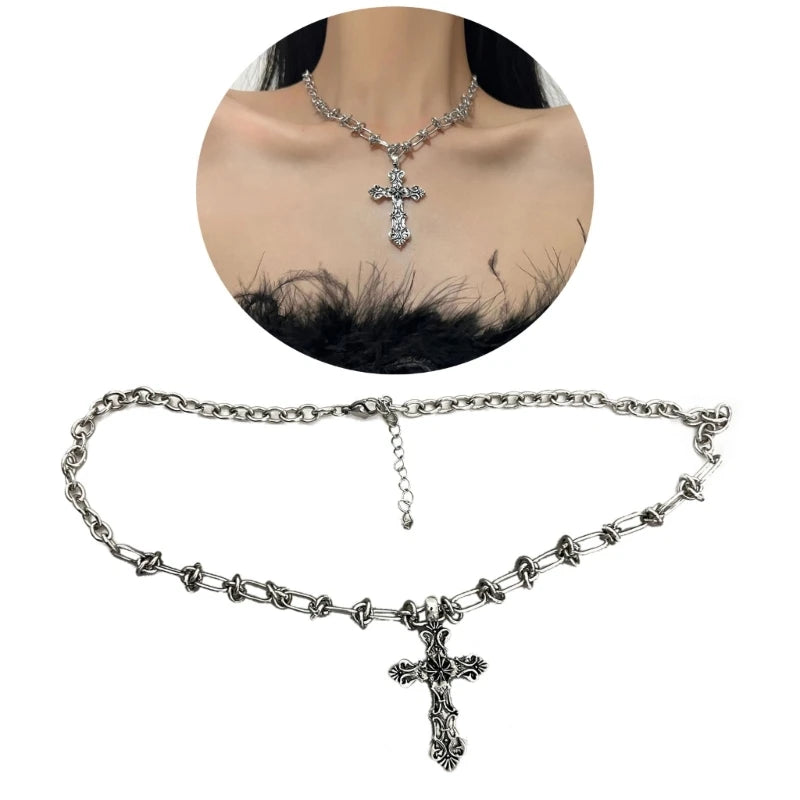 Vintage Cross Pendant Necklace – Kpop Punk Long Chain Retro Jewelry for Women, Korean Fashion Gift