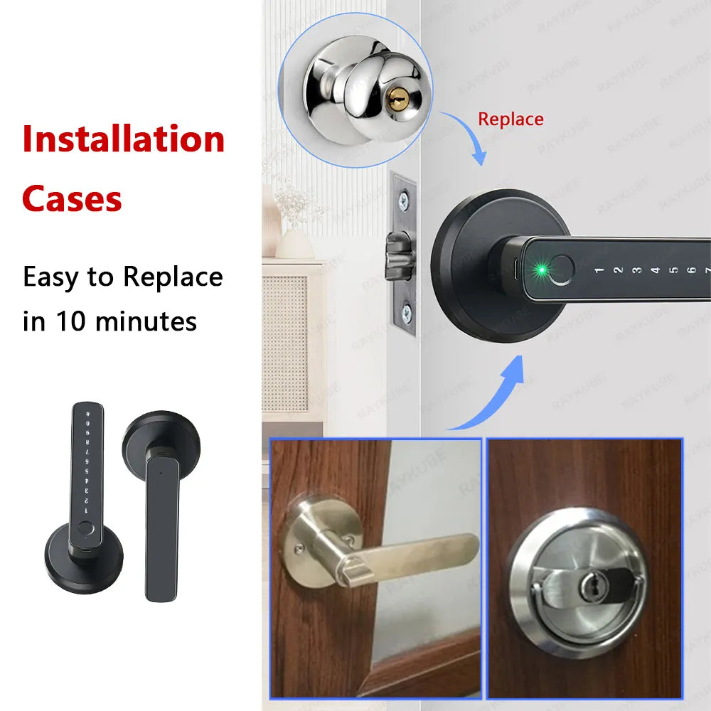 RAYKUBE M3 Tuya BLE Smart Fingerprint Door Lock - Electronic Digital Lock with 60/70mm Latch, Keys, and Remote App Unlocking