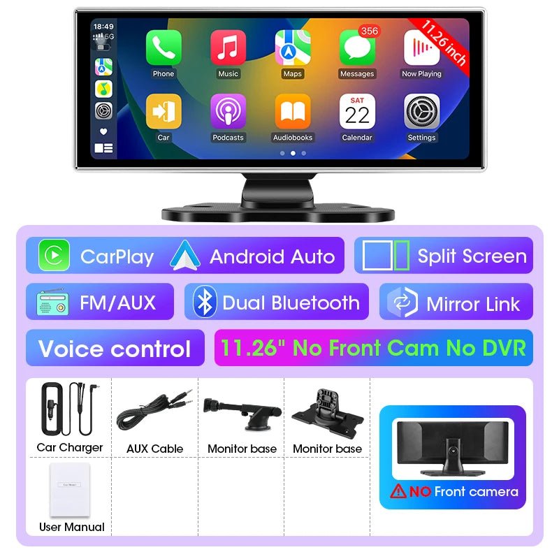 4K Dash Cam 10–11.26 Inch Car DVR – Wireless CarPlay & Android Auto GPS Navigation Dual Lens Video Recorder with WiFi FM AUX