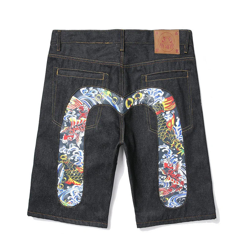 Men's Embroidered Denim Shorts - Black Hip-Hop Washed Cotton Shorts with Dragon & Cherry Blossom Design