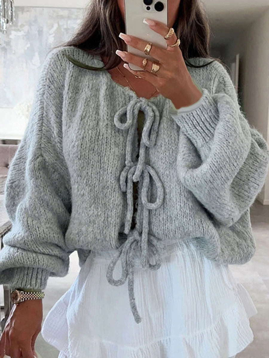 Fashion Knitted Bow Lace-Up Cardigan for Women – Y2K Open Front Sweater, Sweet Lantern Sleeve Oversized Knit Cardigan