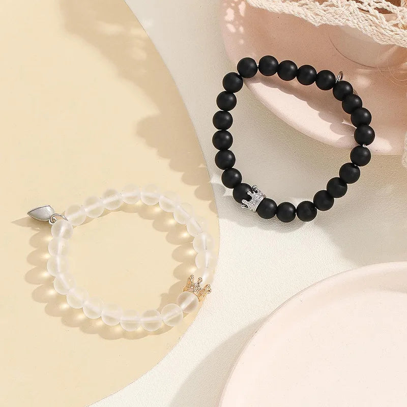 Handmade Crown Beaded Charms Bracelet Set - Luminous Heart Glow In The Dark Couple Bracelet for Men Women - Fluorescent Gift (2pcs)