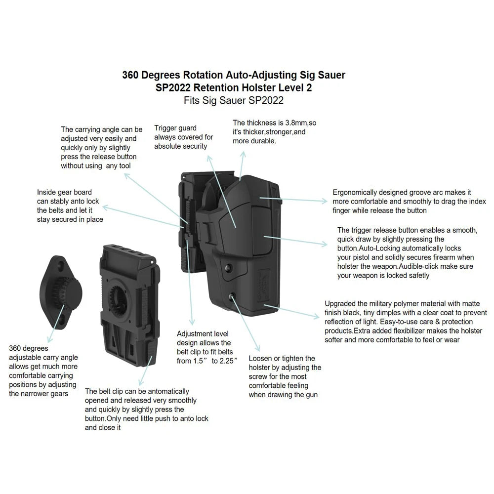 360° Rotating Tactical Holster - Universal Pistol Holder for Sig P320 SP2022 P226 Beretta PX4 Glock 17 19 23