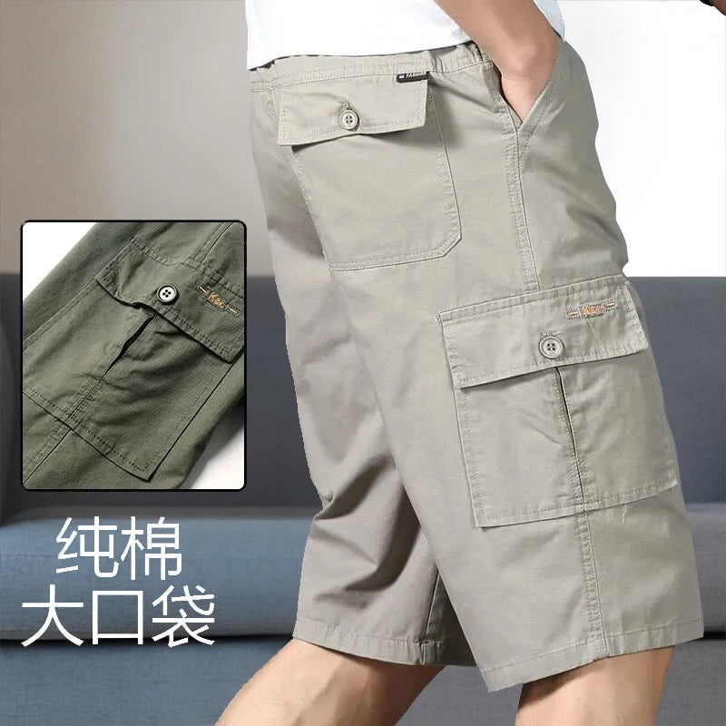 Men's Cargo Knee Shorts - Cotton Summer Climbing Jogger Pants with Zipper Pockets & Elastic Waist